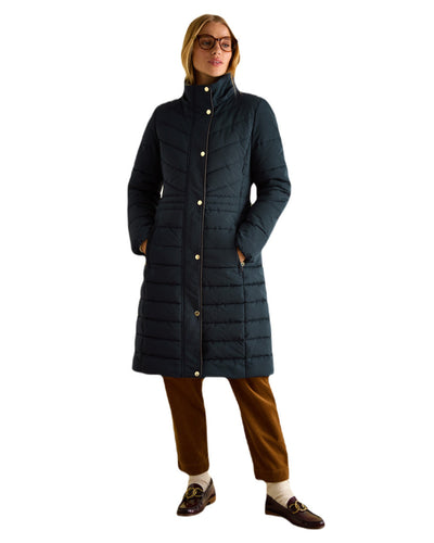 Navy Coloured Joules Cherington Showerproof Longline Padded Coat On A White Background #colour_navy