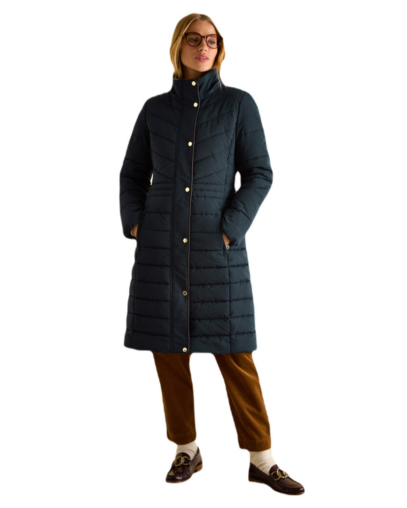 Navy Coloured Joules Cherington Showerproof Longline Padded Coat On A White Background 