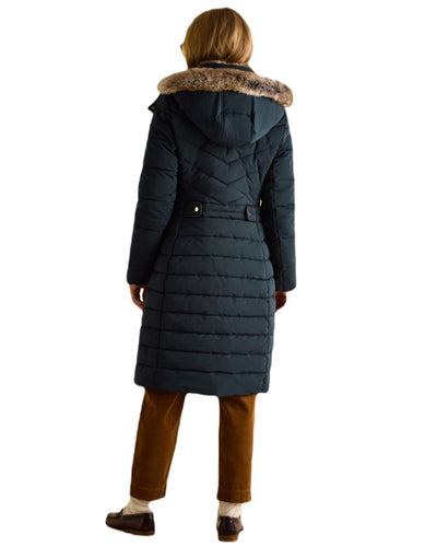 Navy Coloured Joules Cherington Showerproof Longline Padded Coat On A White Background #colour_navy