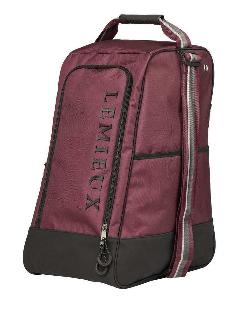 Burgundy coloured LeMieux Elite Wellington Boot Bag on white background 