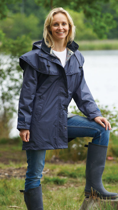 lady wearing Ladies' Three-Quarter Length Waterproof Coat Windsor in navy